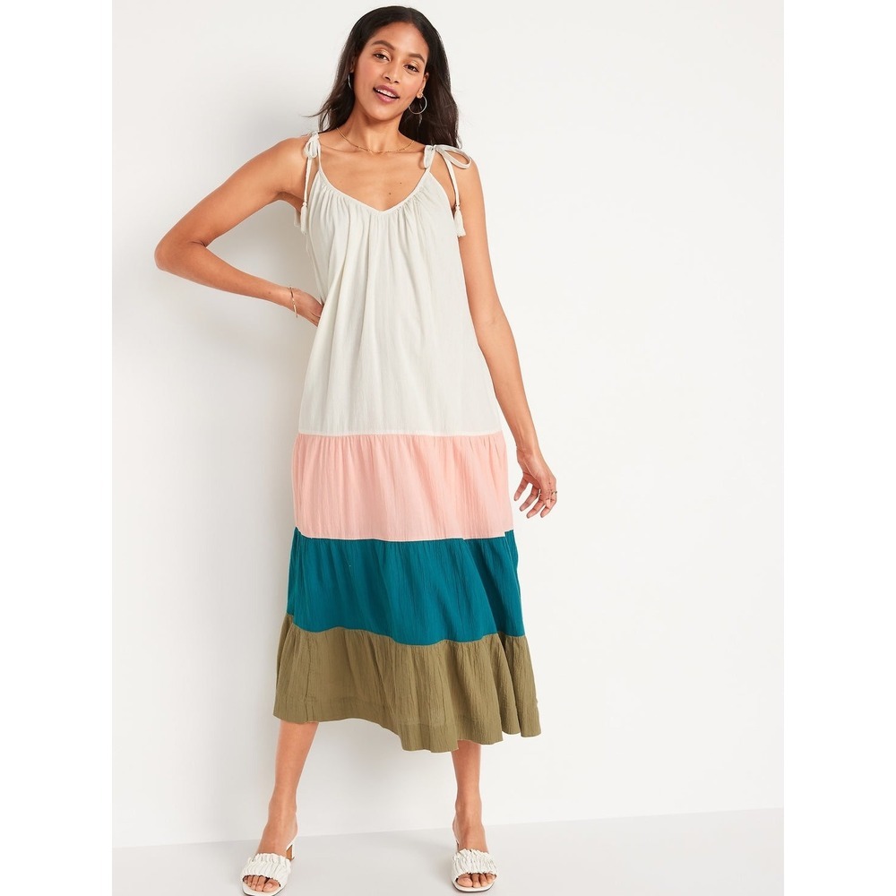 Old Navy Colorblock Tiered Maxi Dress Sleeveless 100% cotton Cottagecore Plus 2X - Picture 4 of 6
